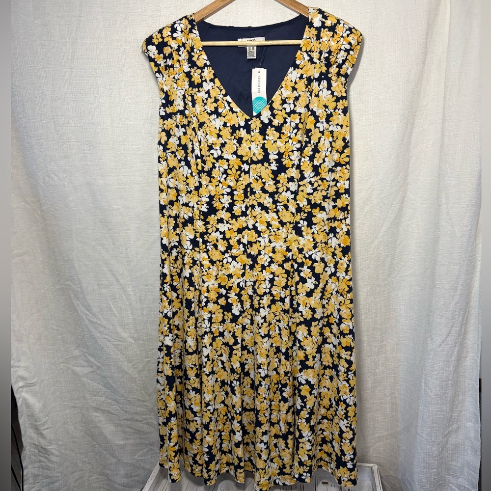 Wisp Navy Blue and Yellow Floral Midi Dress – Size 2X – New With Tags
